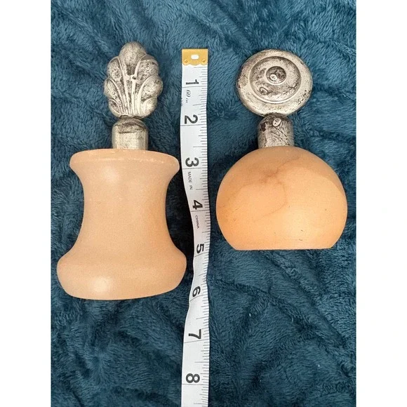 Vintage Peach Alabaster Stone Perfume Bottles Silver Shell Target Stopper Set 2 - Picture 3 of 4